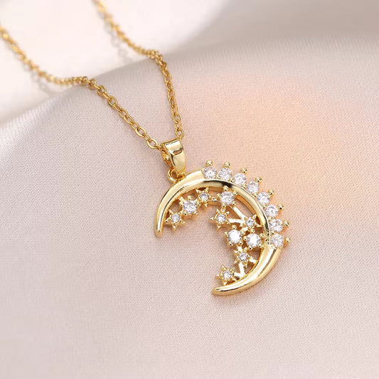 SJ 307 Zircon Moon Necklace - 18k gold PVD plated stainless steel - Anti tarnish - Wholesale