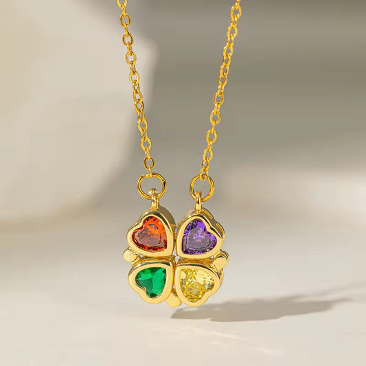 SJ 311 Clover colourful zircon Necklace - 18k gold PVD plated stainless steel - Anti tarnish - Wholesale