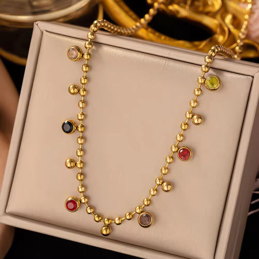SJ 313 Vintage Zircon bead Necklace - 18k gold PVD plated stainless steel - Anti tarnish - Wholesale