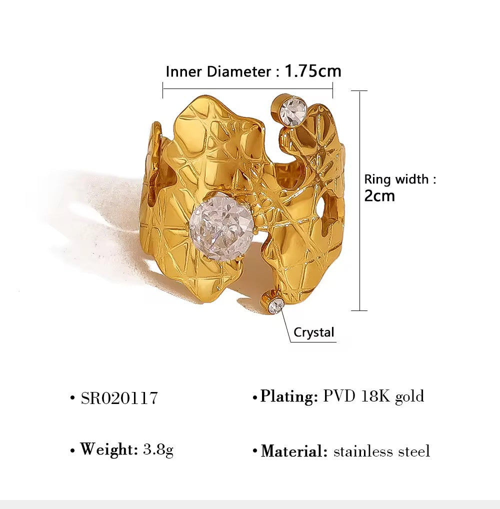 SJ 326 Zircon Textured Ring Adjustable - 18k gold PVD plated stainless steel - Anti tarnish - Wholesale