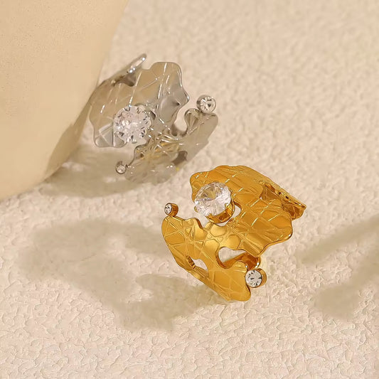 SJ 326 Zircon Textured Ring Adjustable - 18k gold PVD plated stainless steel - Anti tarnish - Wholesale