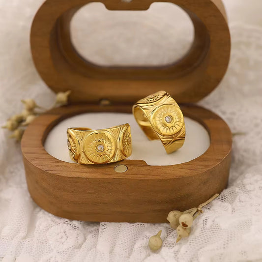 SJ 327 Zircon sunflower print Ring Adjustable - 18k gold PVD plated stainless steel - Anti tarnish - Wholesale