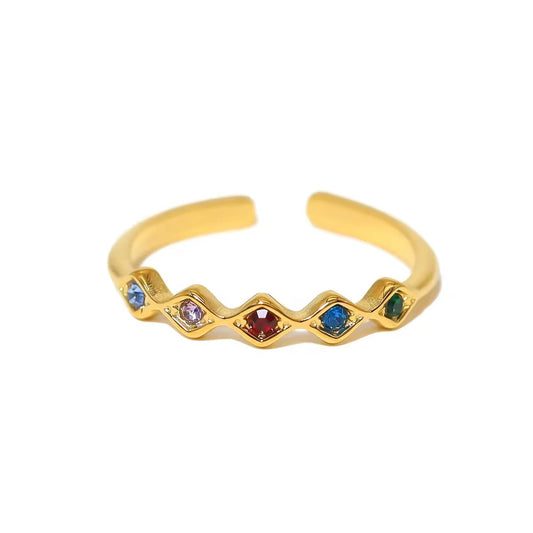 SJ 335 Colourful Zircon wavy Dainty Ring Adjustable - 18k gold PVD plated stainless steel - Anti tarnish - Wholesale