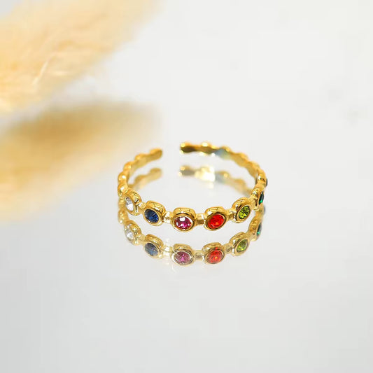 RSJ03A Colourful Zircon Dainty Ring Adjustable - 18k gold PVD plated 316 stainless steel - Anti tarnish