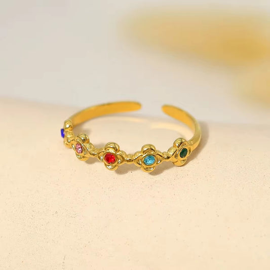 SJ 336 Colourful Zircon Flower Ring Adjustable - 18k gold PVD plated stainless steel - Anti tarnish - Wholesale