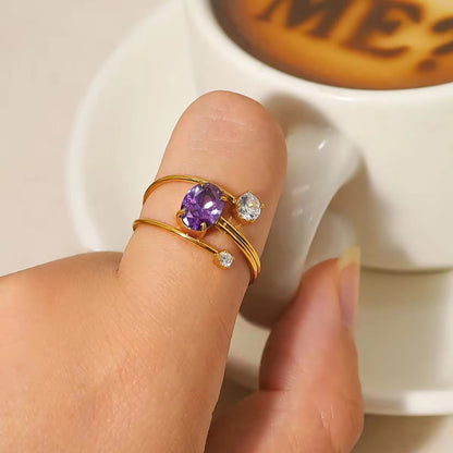 RSJ03C Purple Zircon Ring Adjustable - 18k gold PVD plated 316 stainless steel - Anti tarnish