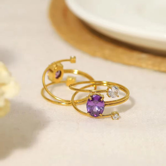 SJ 337 Purple Zircon Ring Adjustable - 18k gold PVD plated stainless steel - Anti tarnish - Wholesale