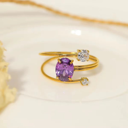SJ 337 Purple Zircon Ring Adjustable - 18k gold PVD plated stainless steel - Anti tarnish - Wholesale