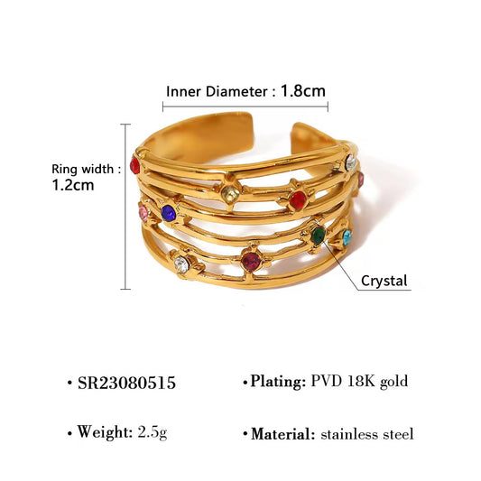 RSJ03D Multi Layer Colourful Zircon Ring Adjustable - 18k gold PVD plated 316 stainless steel - Anti tarnish