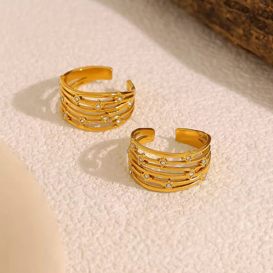 SJ 338 Multi Layer Zircon Ring Adjustable - 18k gold PVD plated stainless steel - Anti tarnish - Wholesale