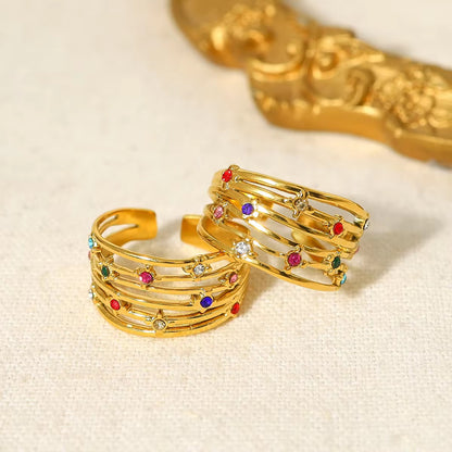 RSJ03D Multi Layer Colourful Zircon Ring Adjustable - 18k gold PVD plated 316 stainless steel - Anti tarnish