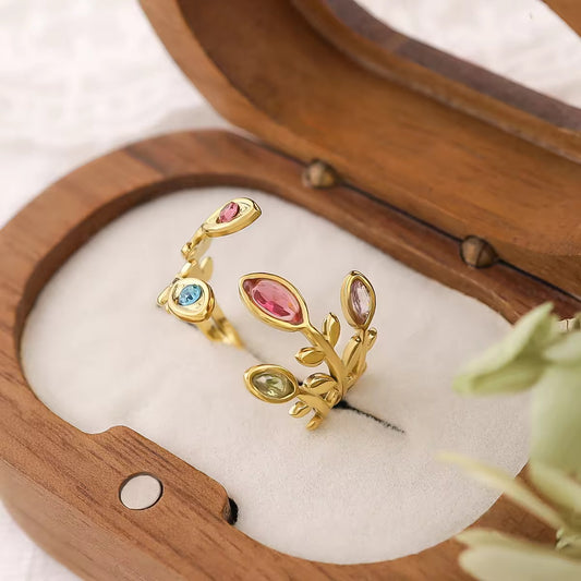 SJ 340 Leaf Colourful Zircon Ring Adjustable - 18k gold PVD plated stainless steel - Anti tarnish - Wholesale