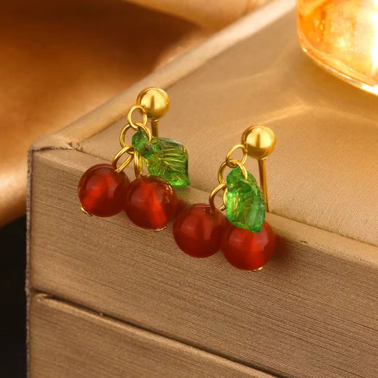 SJ 341 Cherry stud Earrings - 18k gold plated stainless steel - Anti tarnish - Wholesale