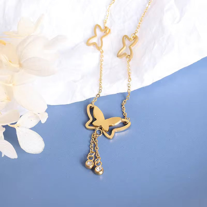 SJ 386 butterfly zircon drop Anklet - 18k gold PVD plated stainless steel - Anti tarnish - Wholesale