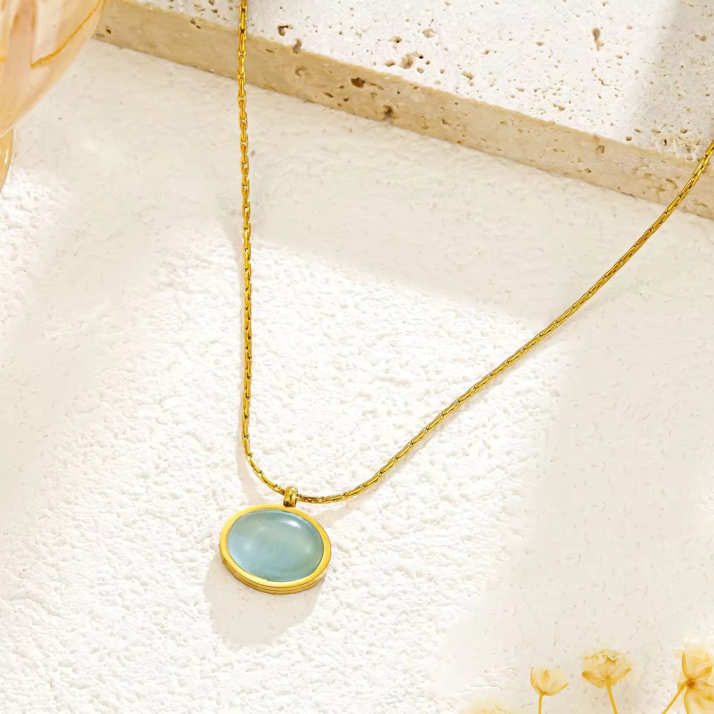 SJ 347 Moon stone sea glass Necklace- 18k gold plated stainless steel - Anti tarnish - Wholesale
