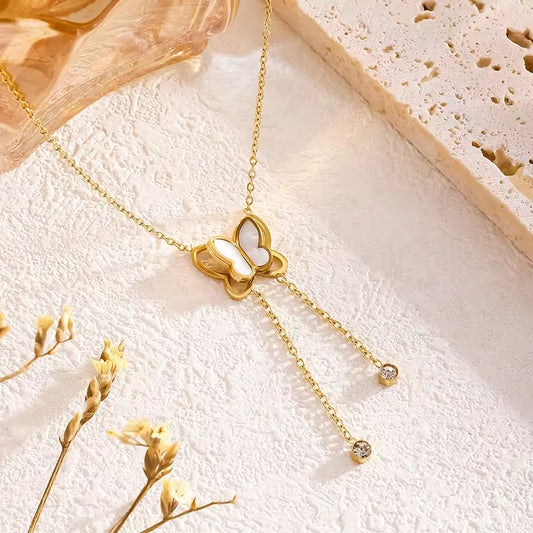 SJ 350 Frosted Butterfly Zircon Necklace - 18k gold plated stainless steel - Anti tarnish - Wholesale