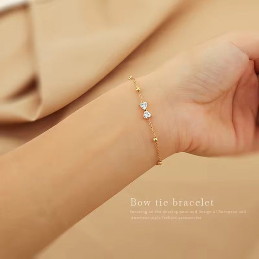 BSJ02B bow heart zircon bead bracelet - 18k Gold PVD plated 316 stainless steel - Anti tarnish