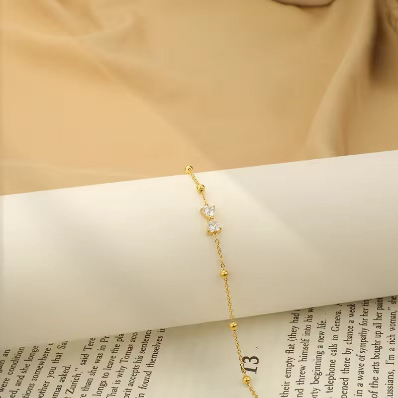 SJ 393 bow heart zircon bead bracelet - 18k Gold PVD plated stainless steel - Anti tarnish