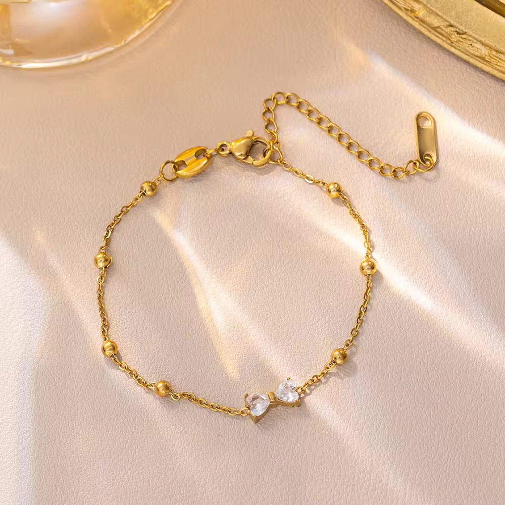 SJ 393 bow heart zircon bead bracelet - 18k Gold PVD plated stainless steel - Anti tarnish