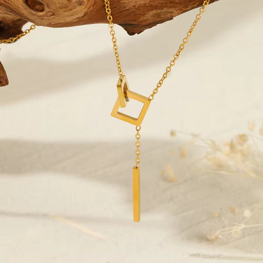 SJ 353 Double Square tassel Necklace - 18k gold plated stainless steel - Anti tarnish - Wholesale