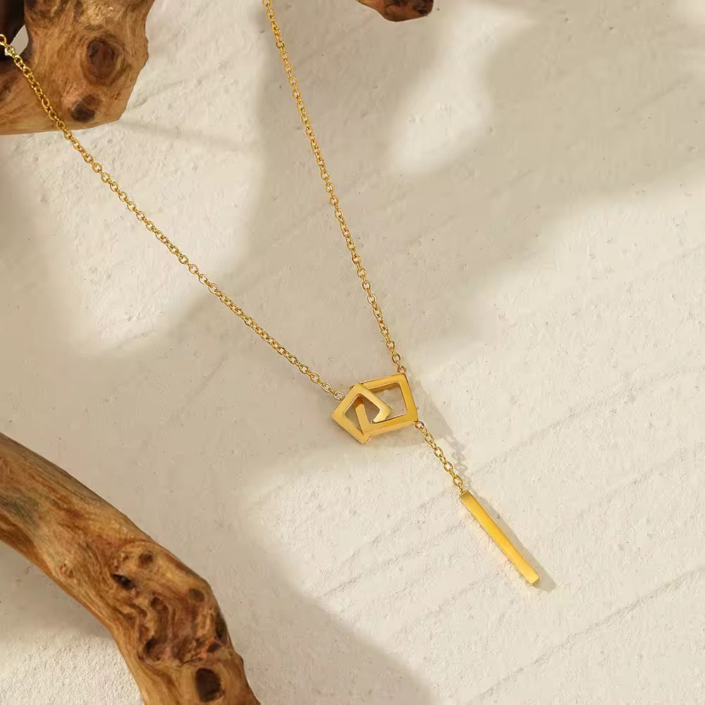 SJ 353 Double Square tassel Necklace - 18k gold plated stainless steel - Anti tarnish - Wholesale