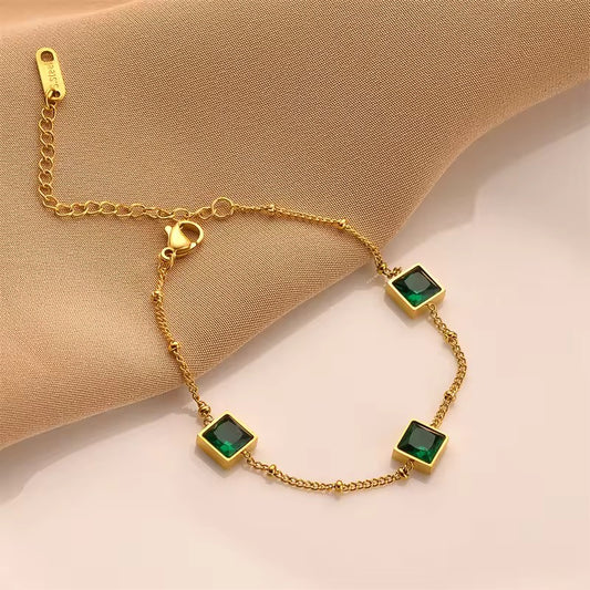 SJ 396 Emerald zircon square bracelet - 18k Gold PVD plated stainless steel - Anti tarnish - Wholesale