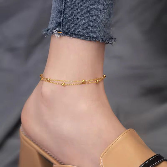 AKJ02G Double layer Beaded Anklet  - 18k Gold PVD plated