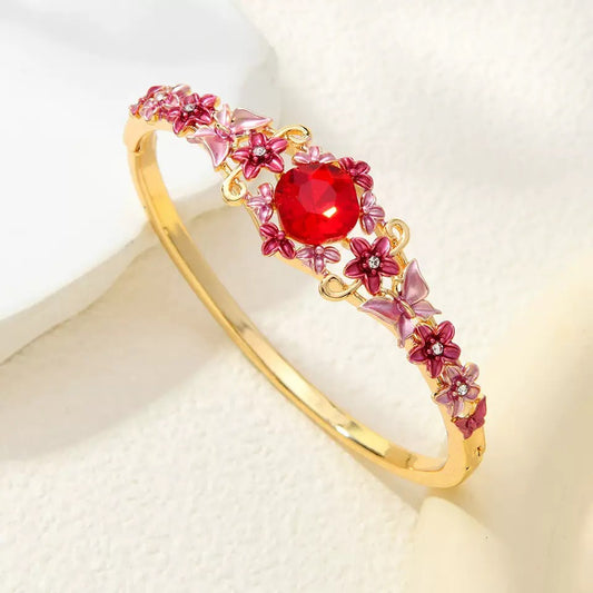 BSJ30F Red stone Flower Bracelet Premium 18k gold PVD plated Brass
