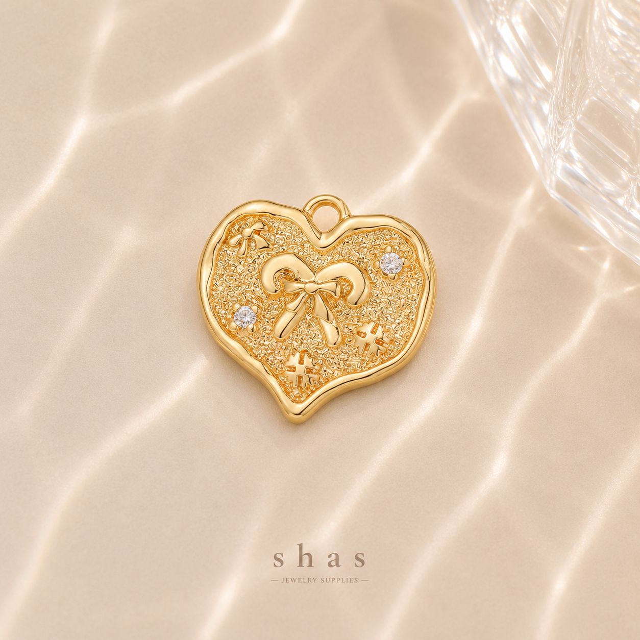 GPC16O Bow Heart Zircon charm ( 1 PC ) 14k gold plated