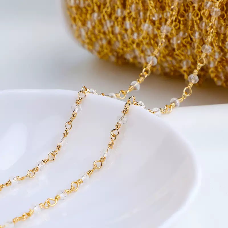 DIYB28 Loose Round Crystal Chain 14k Gold Plated ( 1 feet )