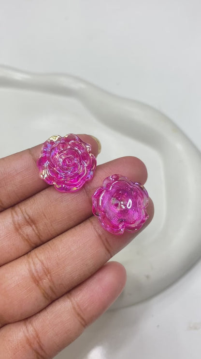 BBB 48 ( B ) Bright pink Rose flower Uv coated resin cabochons charm - per piece