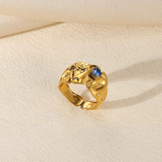 SJ 692 Dark Blue Zircon Geometric Textured Ring Adjustable 18k Gold PVD plated stainless steel - Anti tarnish