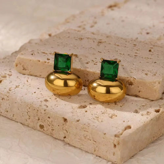 SJ - 694 Emerald Inlay Diamond Premium Stud Earring  18k Gold PVD plated stainless steel - Anti tarnish