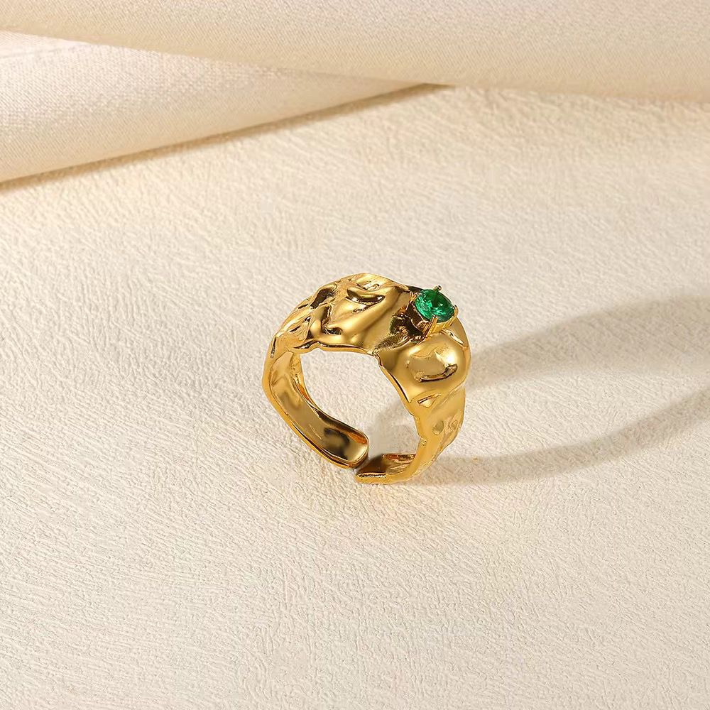 SJ 691 - Emerald Zircon Geometric Textured Ring Adjustable  18k Gold PVD plated stainless steel - Anti tarnish