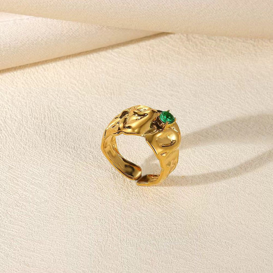 SJ 691 - Emerald Zircon Geometric Textured Ring Adjustable  18k Gold PVD plated stainless steel - Anti tarnish