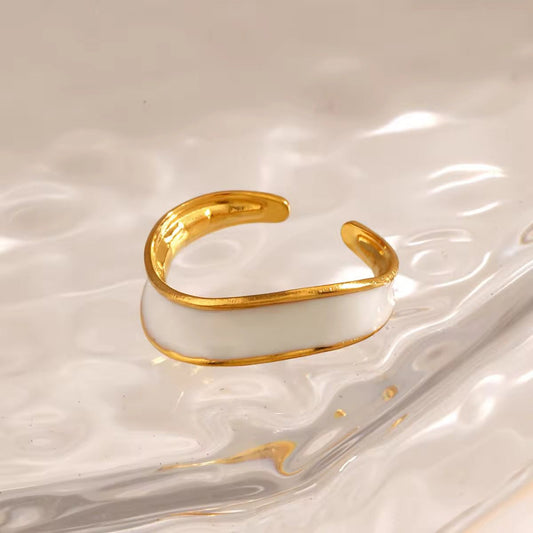 SJ 698 White Oil Drip European Style Ring Adjustable 18k Gold PVD plated stainless steel - Anti tarnish